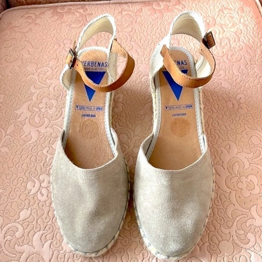 Brand New Verbenas Genuine Suede Espadrilles Wedges Ankle Strap Sandals Stone